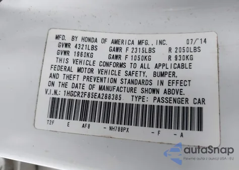 2014 Honda Accord Ex-L from USA, damaged, VIN 1HGCR2F85EA288385